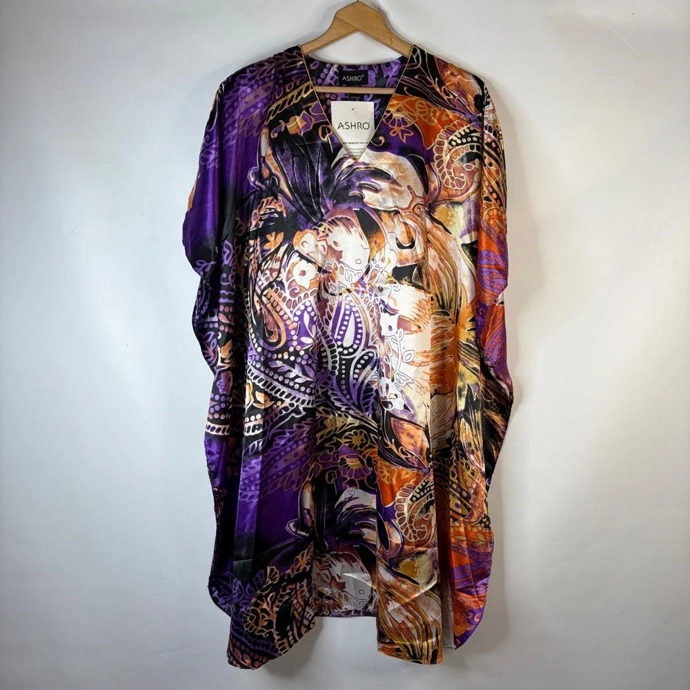 Ashro Kaftan Women Free Size Purple Orange Paisley Satin V-Neck Kimono Sleeve